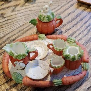 Resin Bunny Tea Set with Carrot Design
